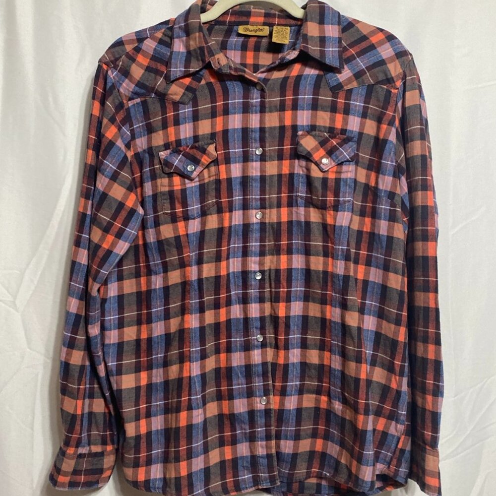 Wrangler Pearl Snap Western XL Cotton Red Black Blue Plaid Shirt